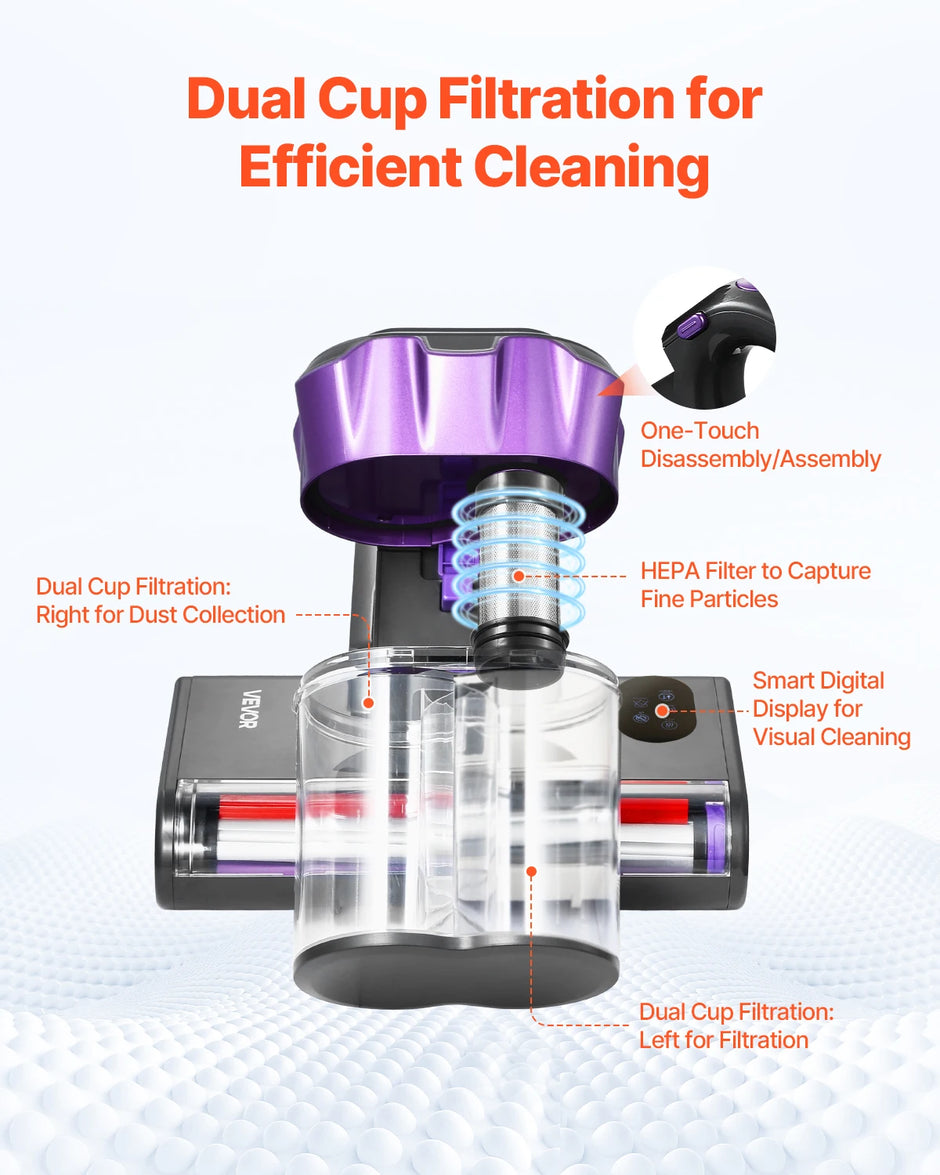 Vacuum cleaner with dual cup filtration system and HEPA filter on a white background