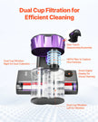 Vacuum cleaner with dual cup filtration system and HEPA filter on a white background