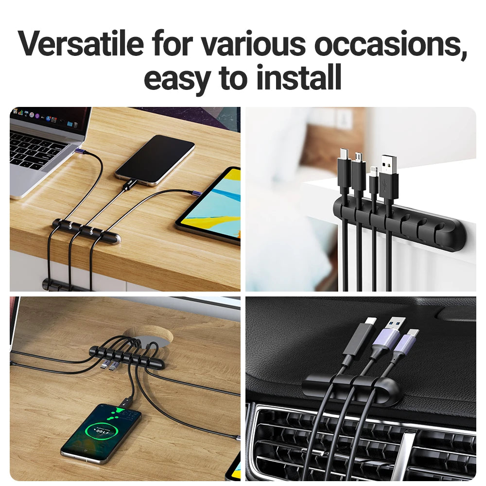 Collage of cable management solutions including a desk, wall, car, and laptop setup.