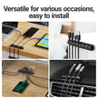 Collage of cable management solutions including a desk, wall, car, and laptop setup.