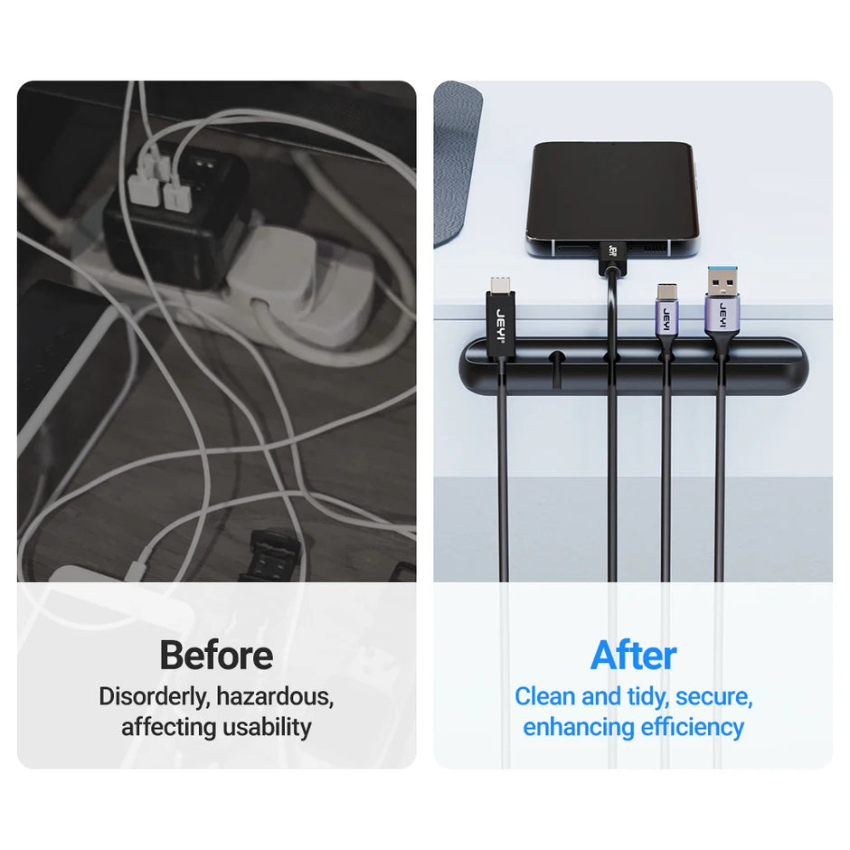 Before and after comparison of a chaotic cable setup and a tidy one with a cable organizer.