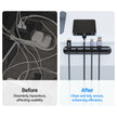 Before and after comparison of a chaotic cable setup and a tidy one with a cable organizer.