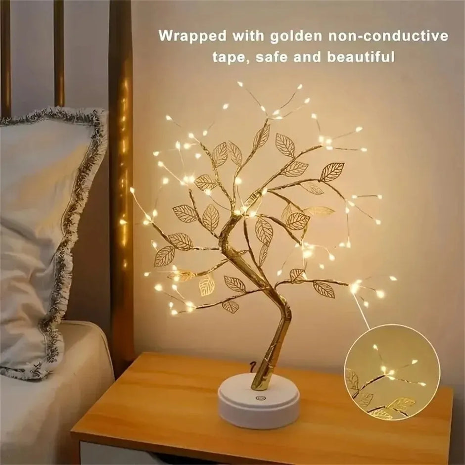 Decorative LED tree on a bedside table with text about safety.