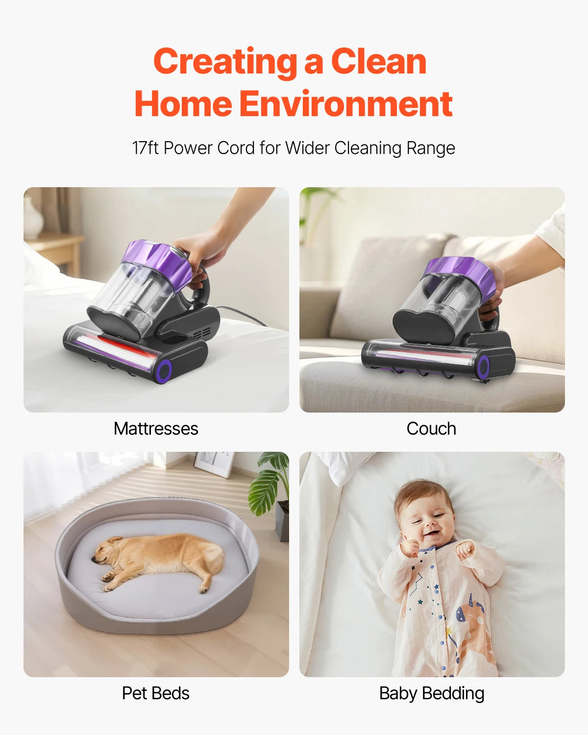 Vacuum cleaner being used on various surfaces with text about cleaning range and applications.