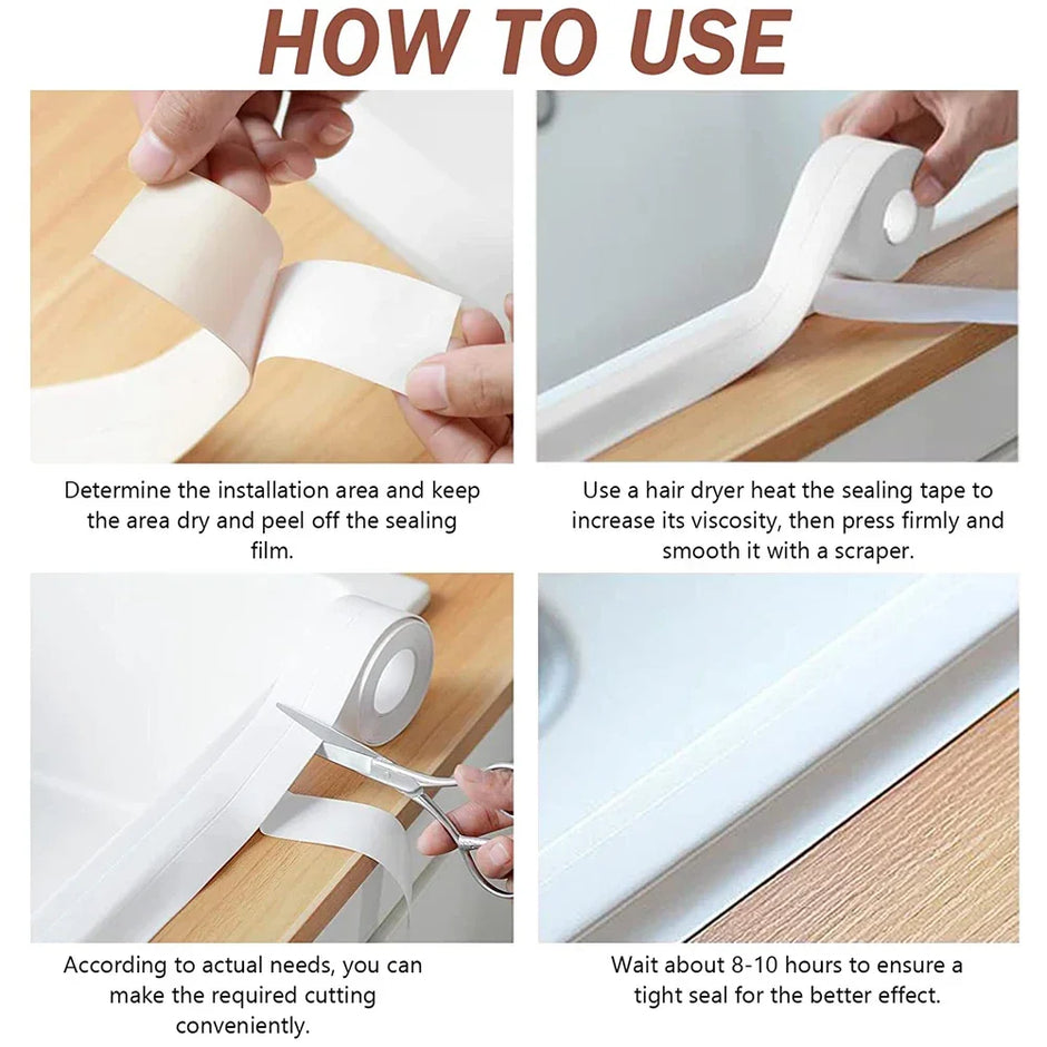 Instructions on how to use sealing tape with text and images of hands applying tape.