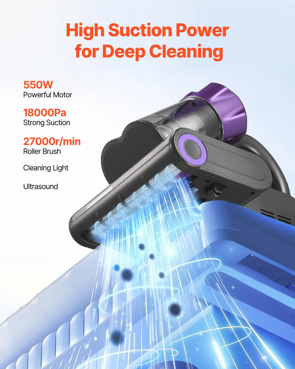 Vacuum cleaner with high suction power features on a white background