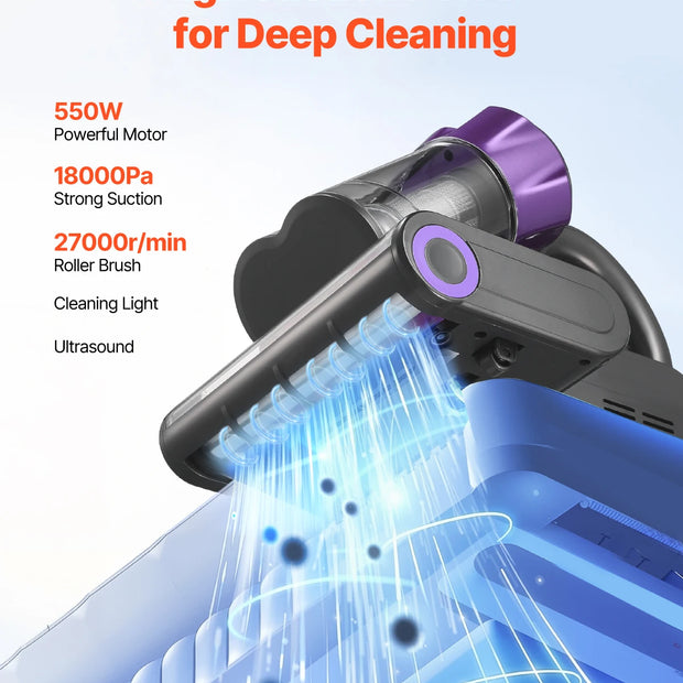 Vacuum cleaner with high suction power features on a white background