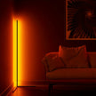 Living room with a red couch, floor lamp, and abstract wall art.