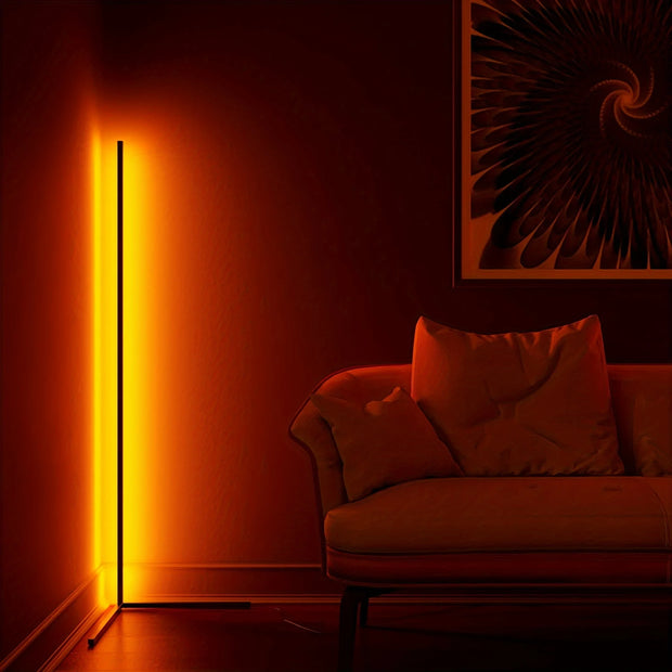 Living room with a red couch, floor lamp, and abstract wall art.
