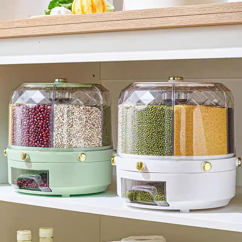 Two kitchen storage containers with compartments on a shelf.
