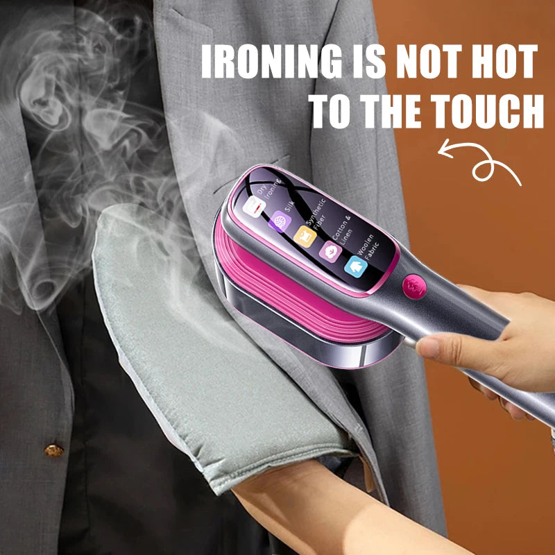 Handheld steamer ironing a shirt with text 'Ironing is not hot to the touch' on an orange background.