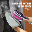 Handheld steamer ironing a shirt with text 'Ironing is not hot to the touch' on an orange background.