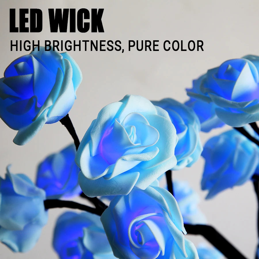 Blue LED rose lights with text 'LED Wick' and 'High Brightness, Pure Color' on a gray background.