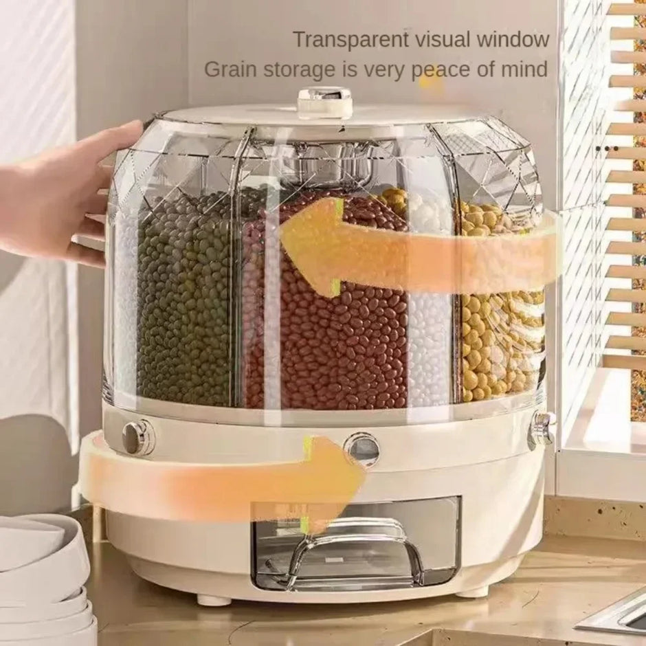 Transparent grain storage container with visible grains inside, on a kitchen counter.