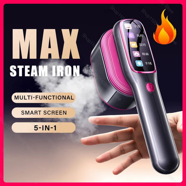 Max steam iron with digital display held by a hand, surrounded by text and graphics on a dark background.