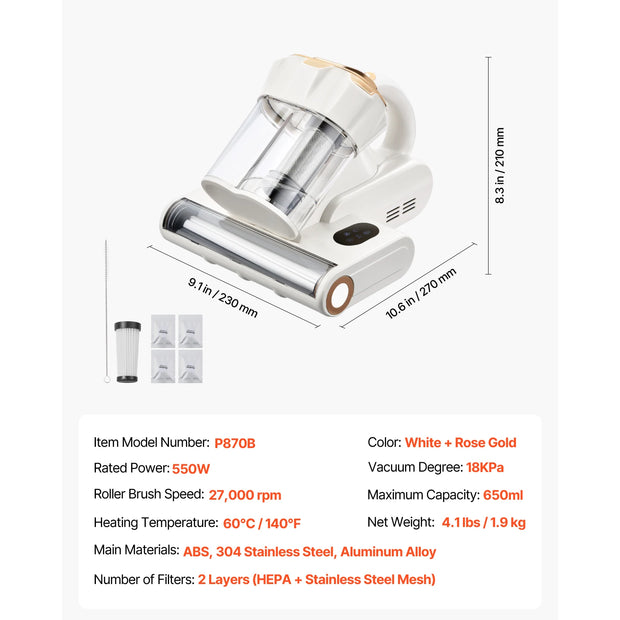 White handheld vacuum cleaner with dimensions and specifications on a white background