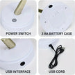 Detailed view of a device with power switch, battery case, USB interface, and USB cord on a white background.