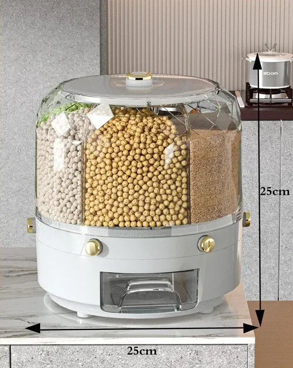 Dry food storage container with compartments filled with different types of grains, on a neutral background.