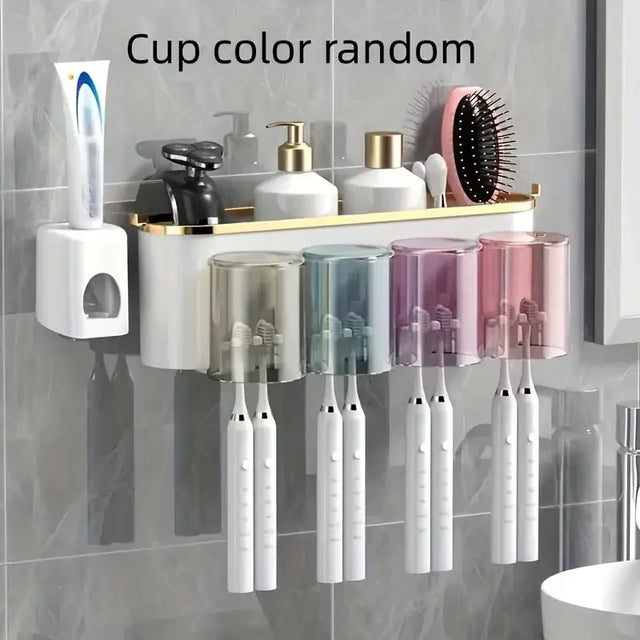Bathroom shelf with toothbrushes, cups, and toiletries on a tiled wall.