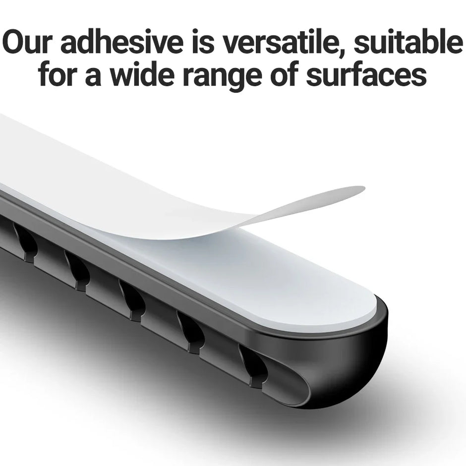 Adhesive strip on a surface with text about its versatility.