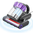 Handheld vacuum cleaner with purple and black design on a white background