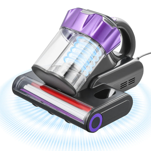 Handheld vacuum cleaner with purple and black design on a white background