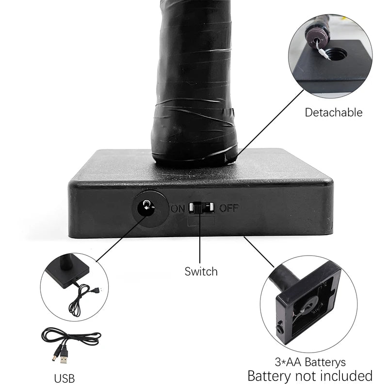 Black foot pump with detachable nozzle, USB connection, and battery information on a white background.