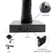 Black foot pump with detachable nozzle, USB connection, and battery information on a white background.