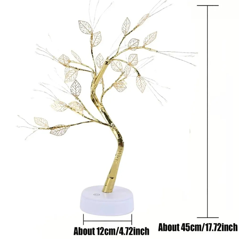Decorative branch with leaves on a white base, showing measurements.