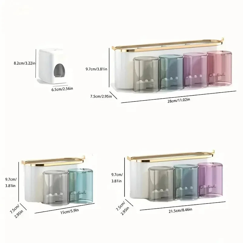 Rectangular storage box with transparent compartments and gold accents, shown with measurements on a white background.
