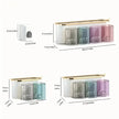 Rectangular storage box with transparent compartments and gold accents, shown with measurements on a white background.