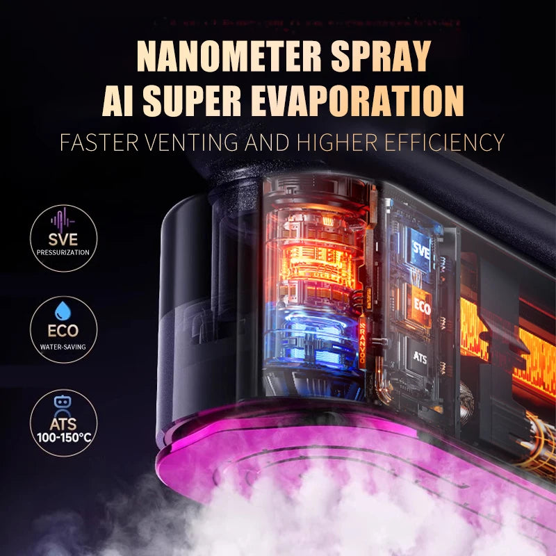 Nanometer spray device with glowing interior and text about AI super evaporation on a dark background.