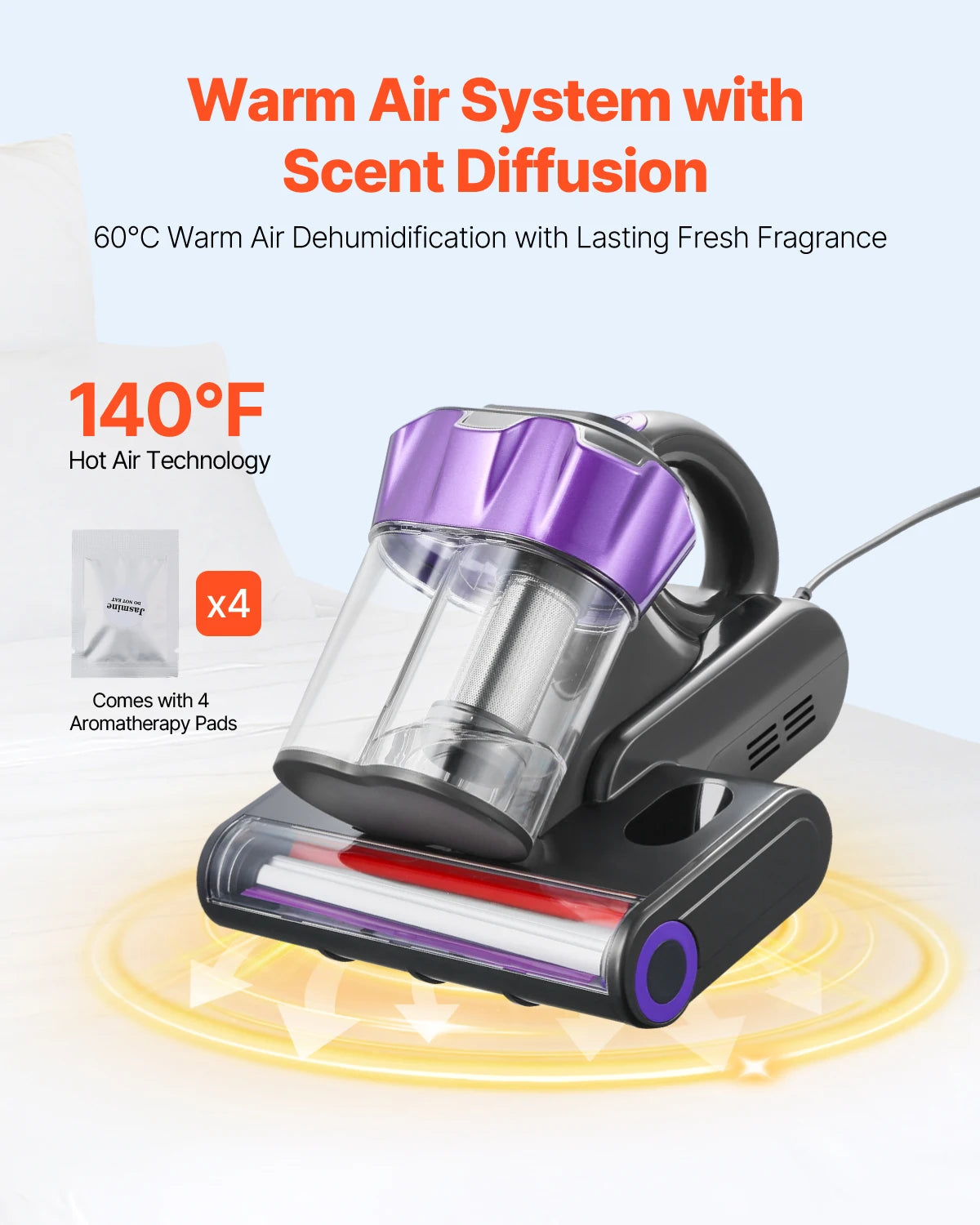 Hot air dehumidifier with scent diffusion system on a white background