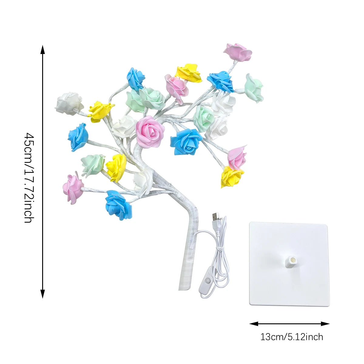 Decorative lamp with colorful flowers and measurements on a white background