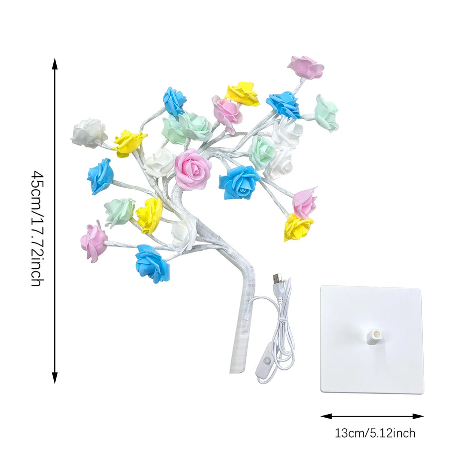Decorative lamp with colorful flowers and measurements on a white background