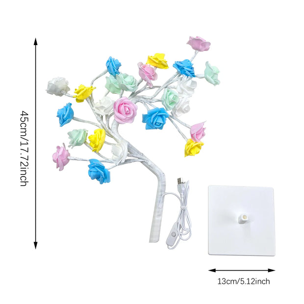 Decorative lamp with colorful flowers and measurements on a white background