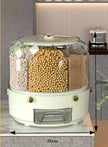 Dried bean storage container with measurement details on a gray surface.