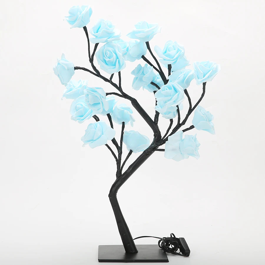 Decorative lamp with blue flower-like lights on a white background