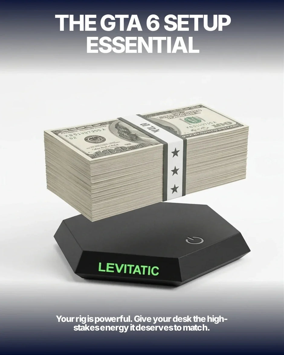 Levitating stack of $100 bills over black Levitatic base, GTA 6 setup essential for desk display