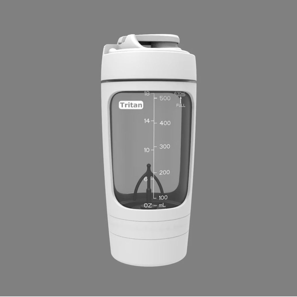 White tumbler with Tritan branding on a gray background