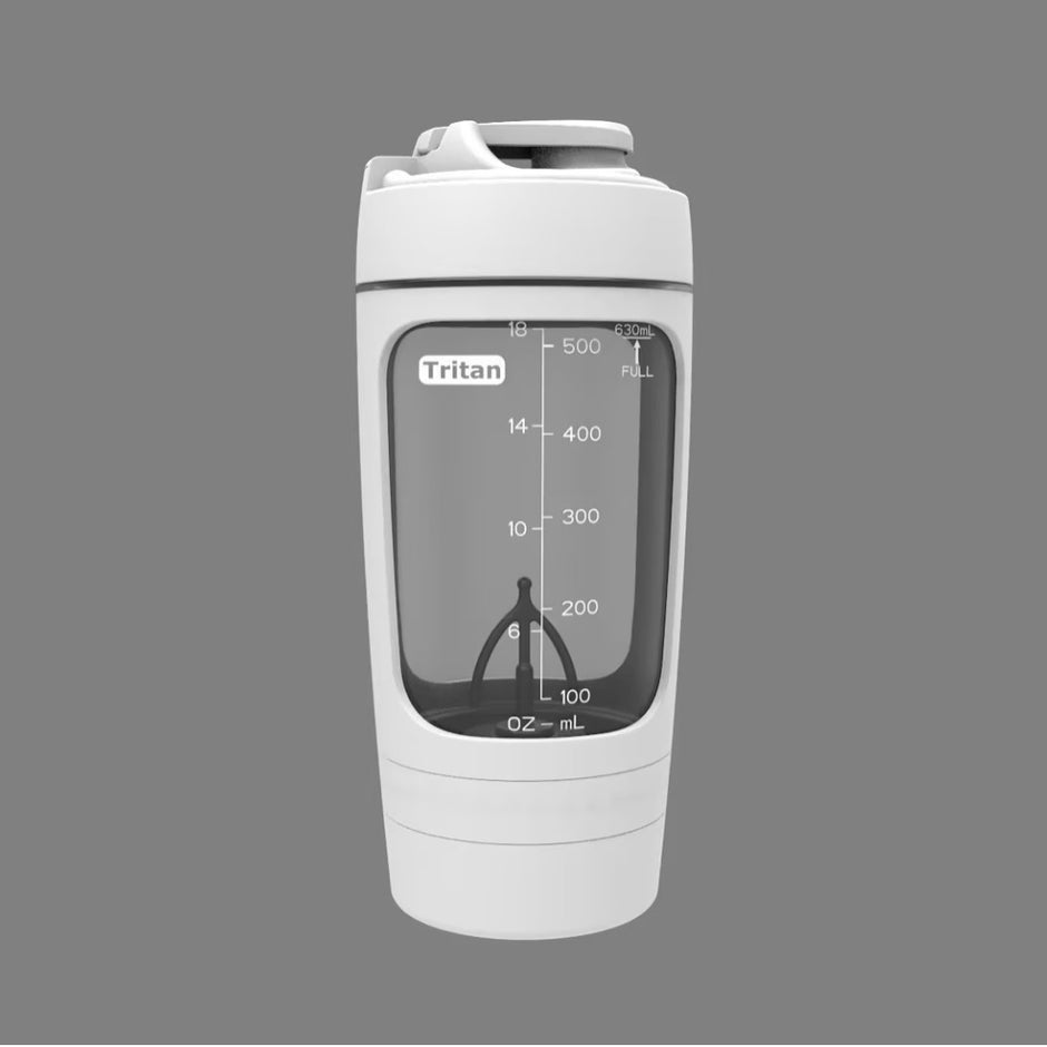 White tumbler with Tritan branding on a gray background