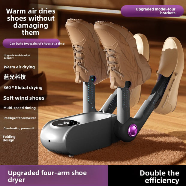 Shoe dryer with beige shoes on a wooden floor, featuring text about its features.