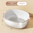 Double layer drain basket with specifications on a beige background