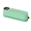 Mint green electronic device with digital display on a white background