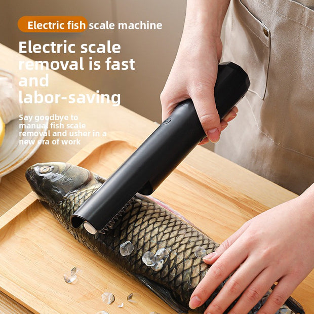 Electric fish scale removal machine being used on a fish with text highlighting its speed and labor-saving benefits.