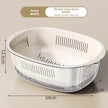 Ivory white double layer drain basket with dimensions on a beige background