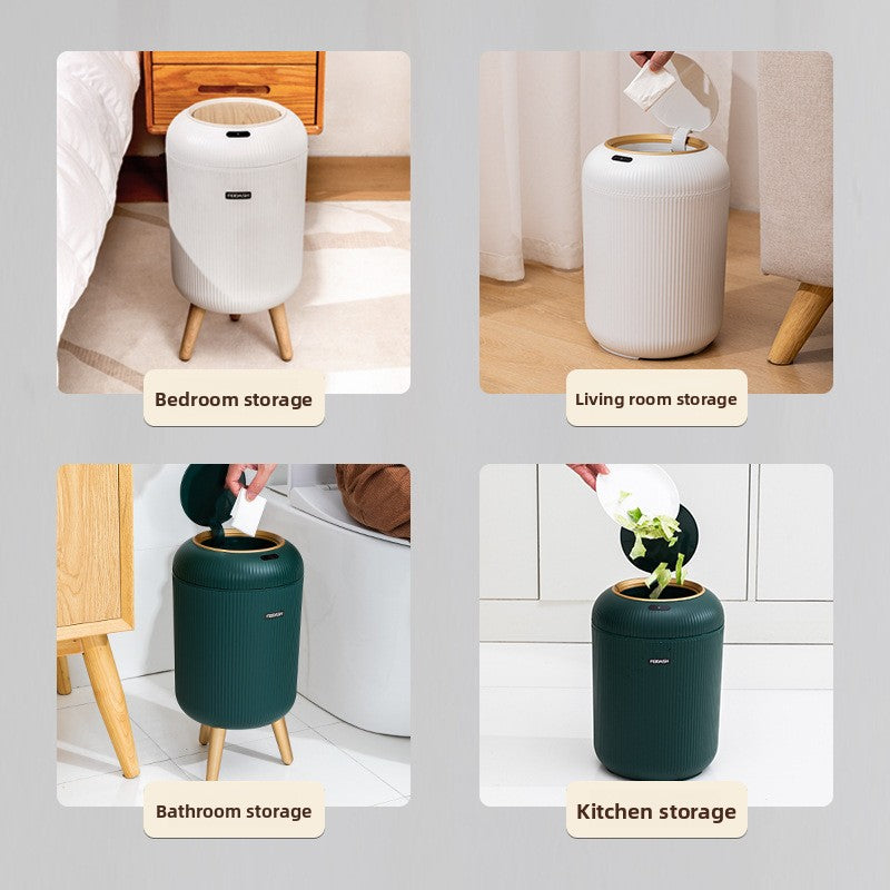 Collage of a small white and green trash can used for bedroom, living room, bathroom, and kitchen storage.