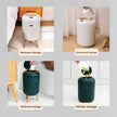 Collage of a small white and green trash can used for bedroom, living room, bathroom, and kitchen storage.