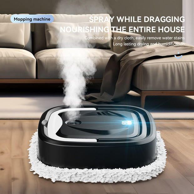 Mopping machine on a wooden floor with text about its features
