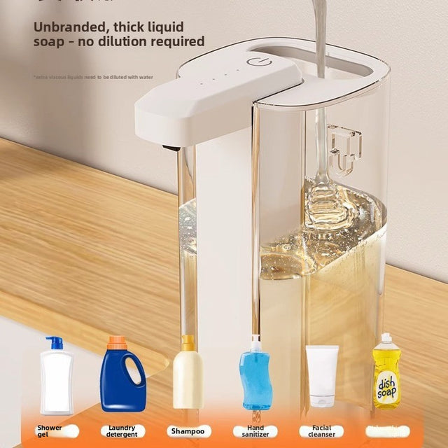 Liquid soap dispenser with various uses on a wooden surface